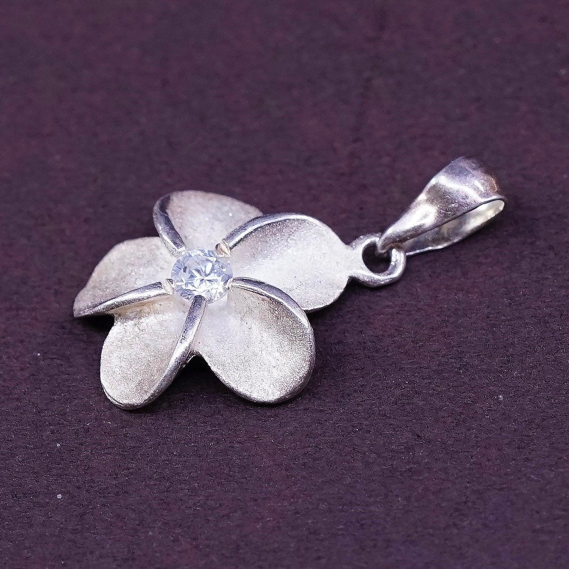 vtg Sterling silver handmade plumeria flower pendant, 925 charm w/ Cz