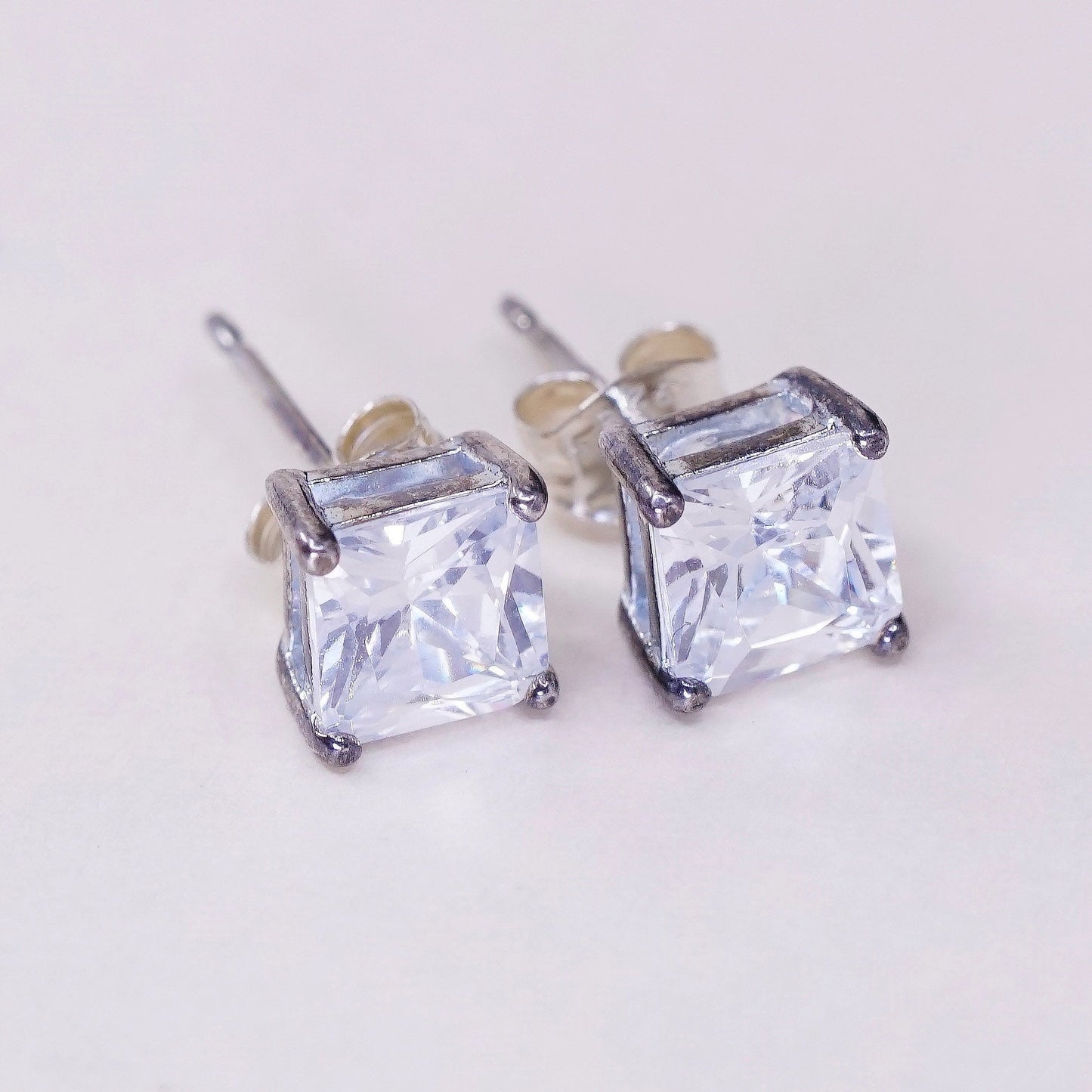 vtg sterling silver square clear CZ studs, fashion minimalist earrings