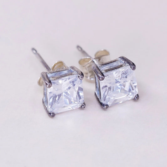 vtg sterling silver square clear CZ studs, fashion minimalist earrings