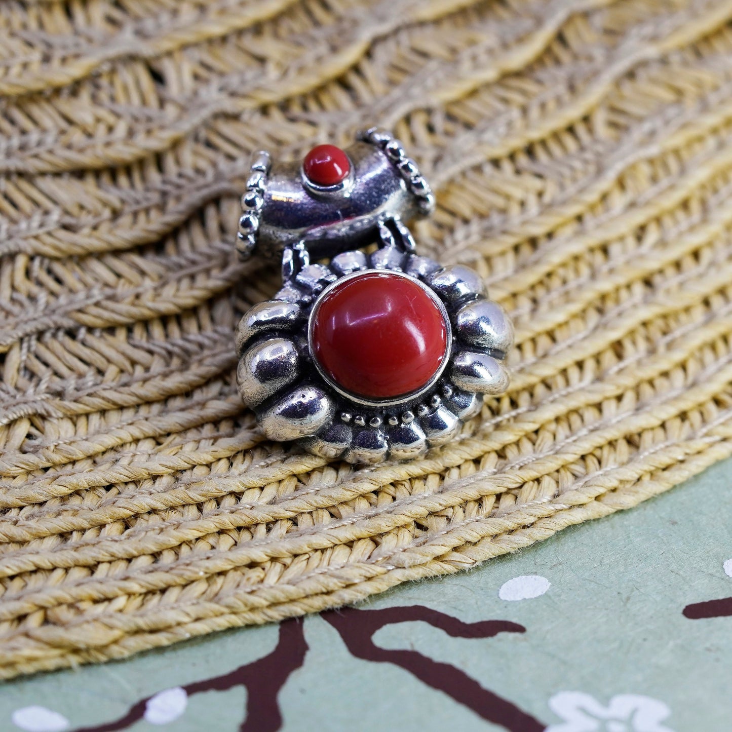 Vintage Sterling 925 silver handmade pendant red onyx and beads