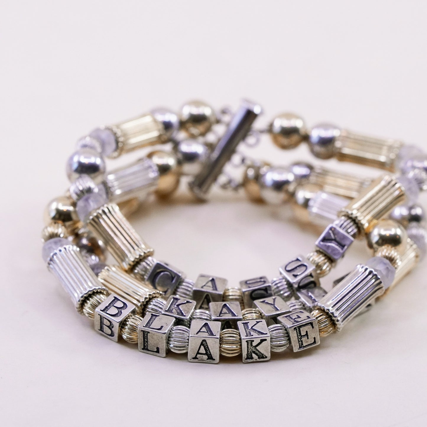 6.25”, 14K gold beads with Sterling 925 Silver bracelet name “Kayla Blake Casdy