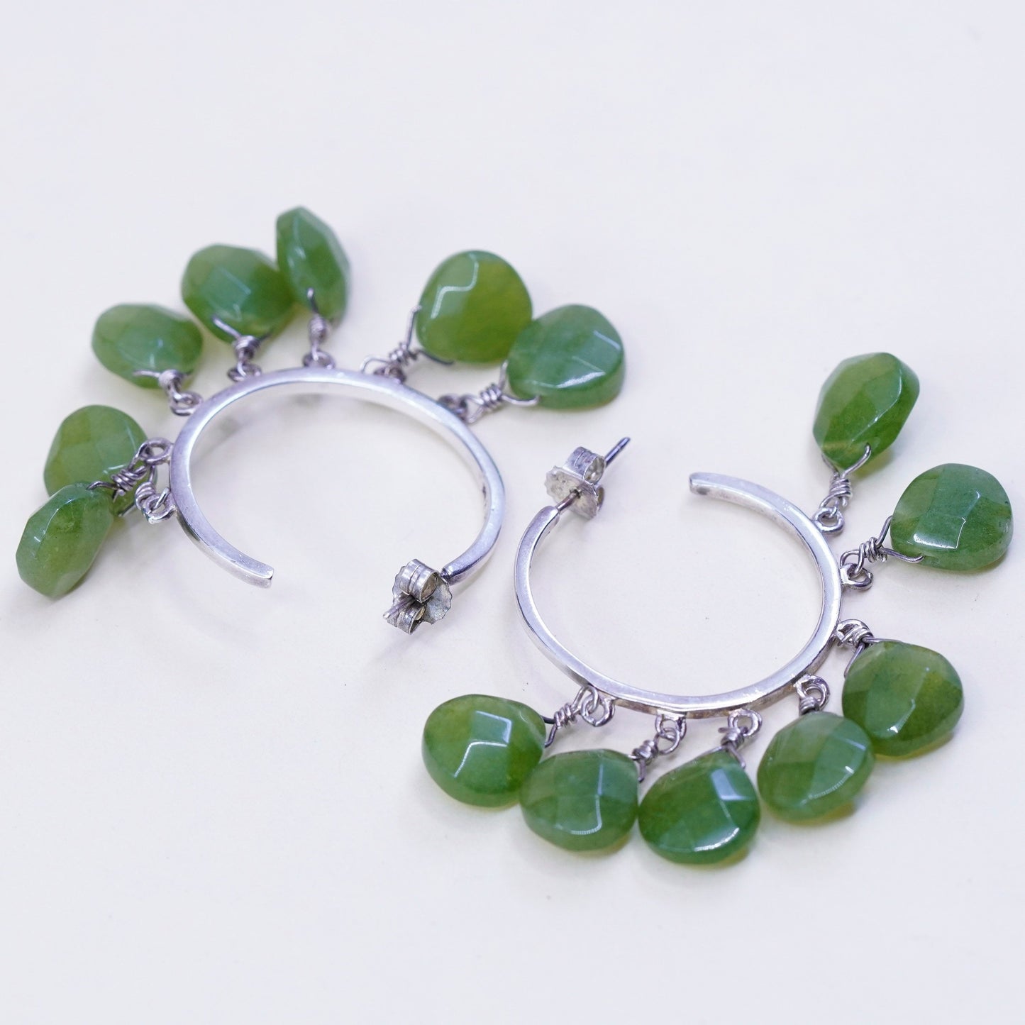 Sterling silver handmade earrings, 925 hoops Huggie with cluster teardrop jade