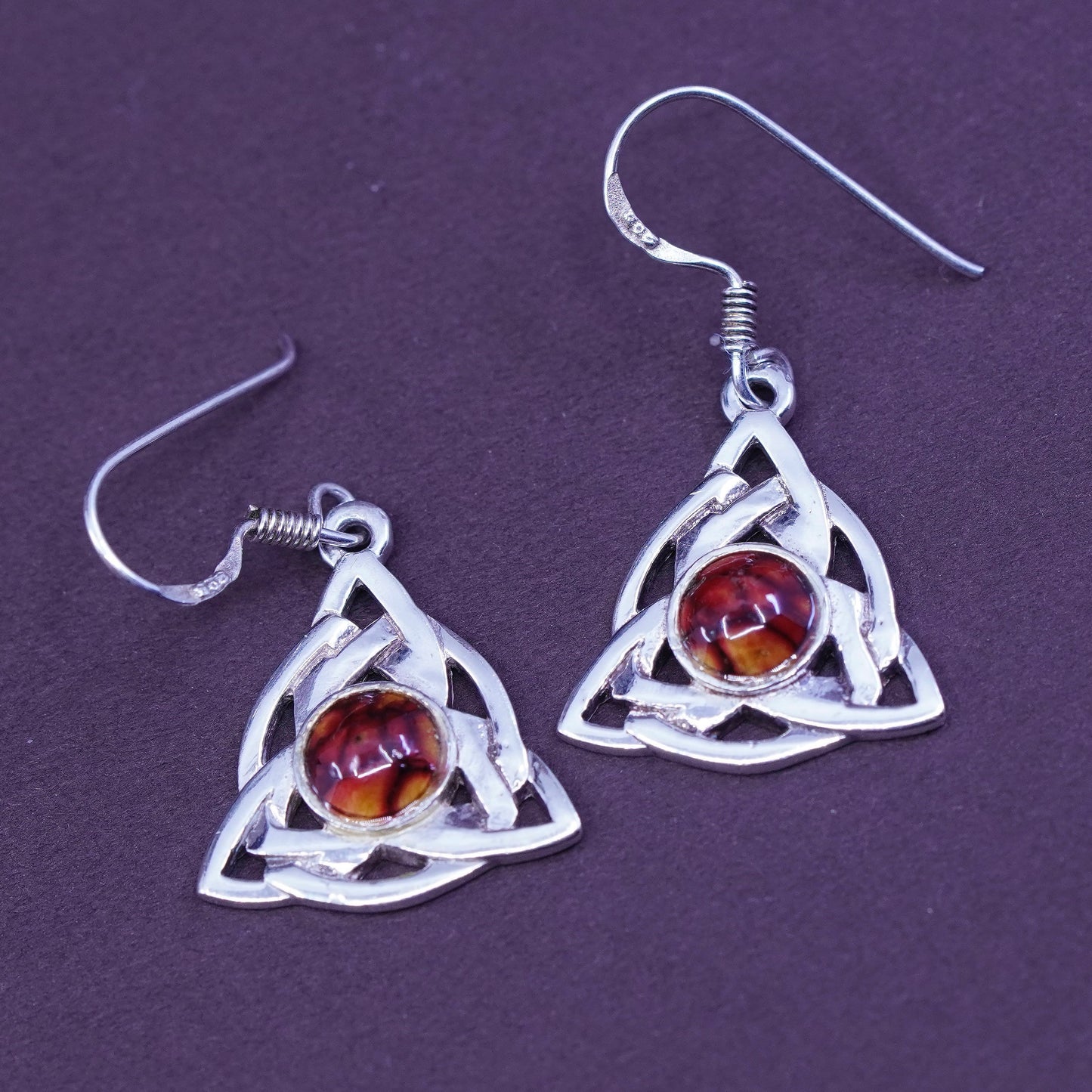 Sterling silver Irish handmade dangles, 925 earrings Celtic knot with jasper