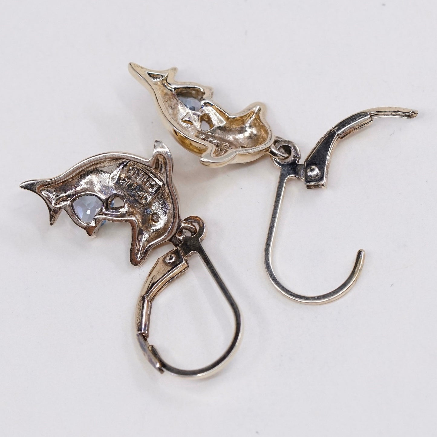 vermeil gold over sterling 925 silver handmade dolphin earrings w/ topaz heart