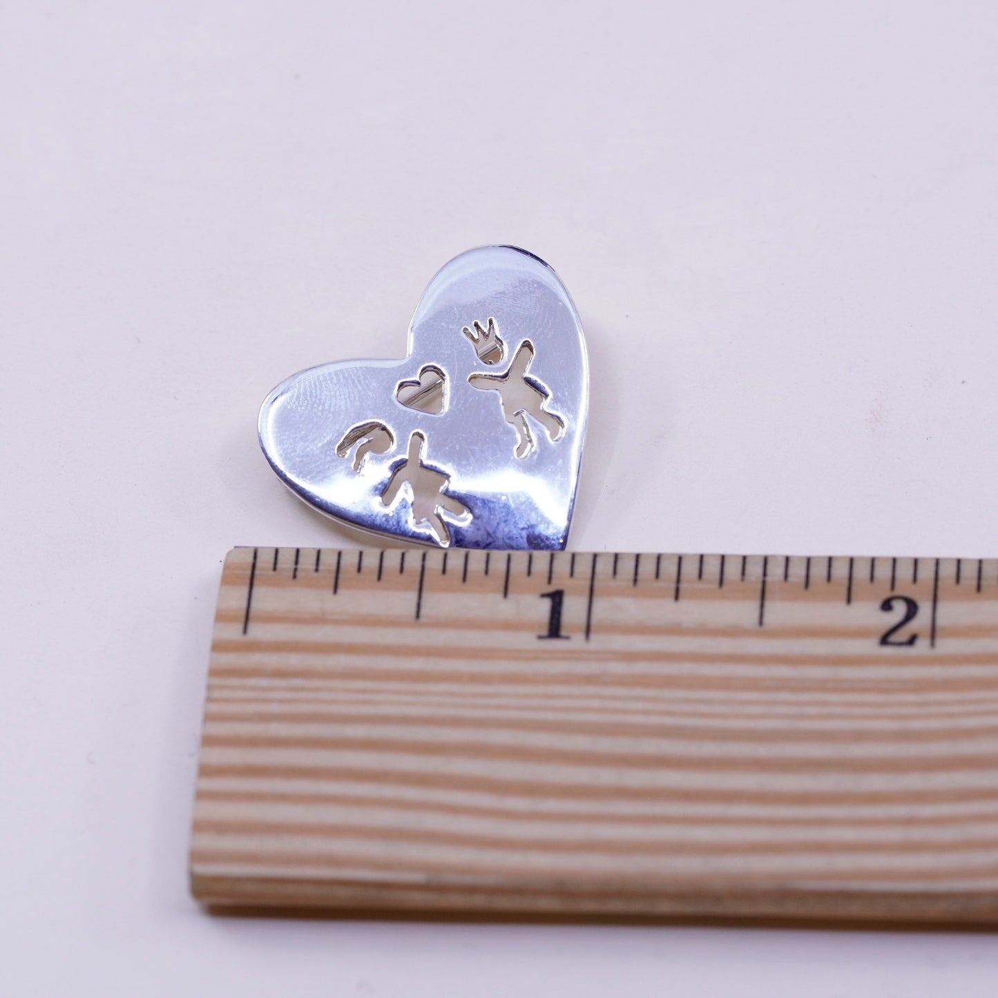 vtg Sterling silver handmade brooch, modern 925 heart pin with boy girl cut out