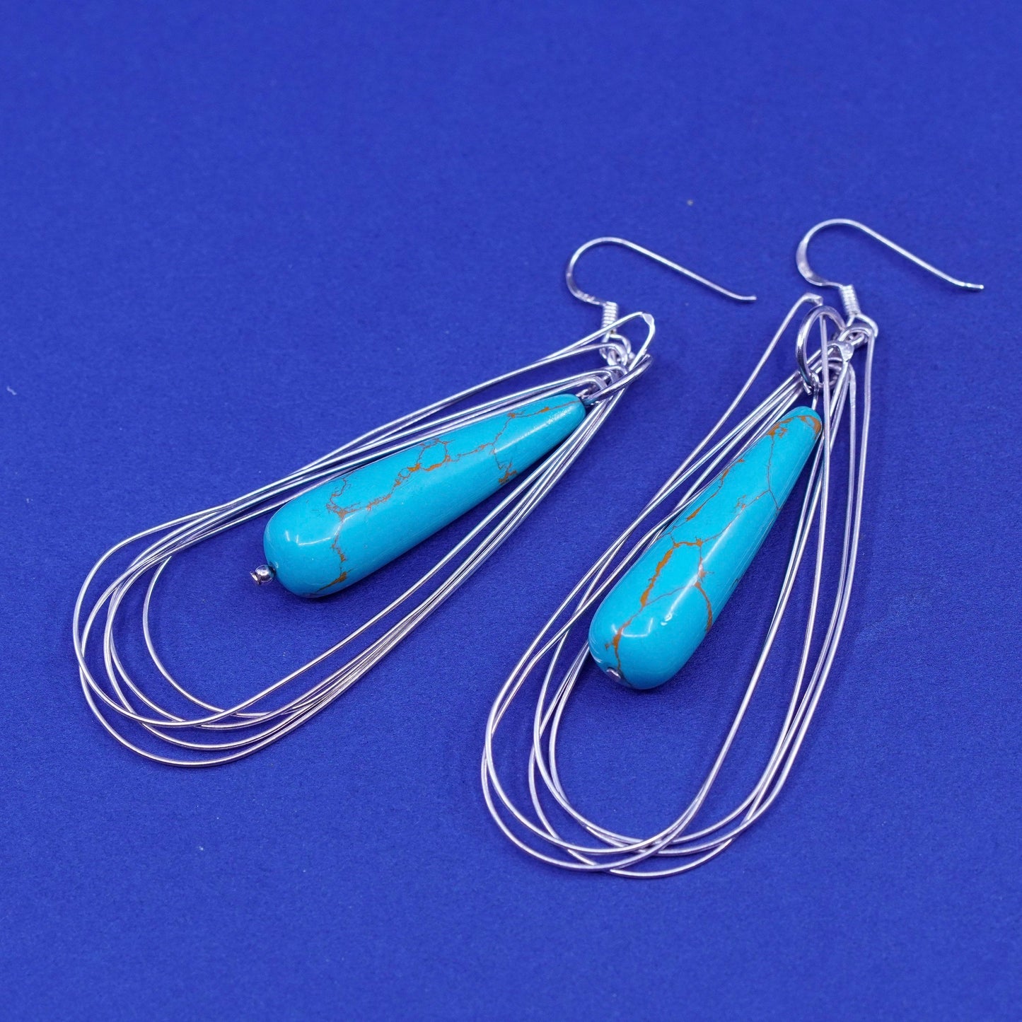 vtg Sterling silver handmade earrings, 925 teardrop loops w/ teardrop turquoise