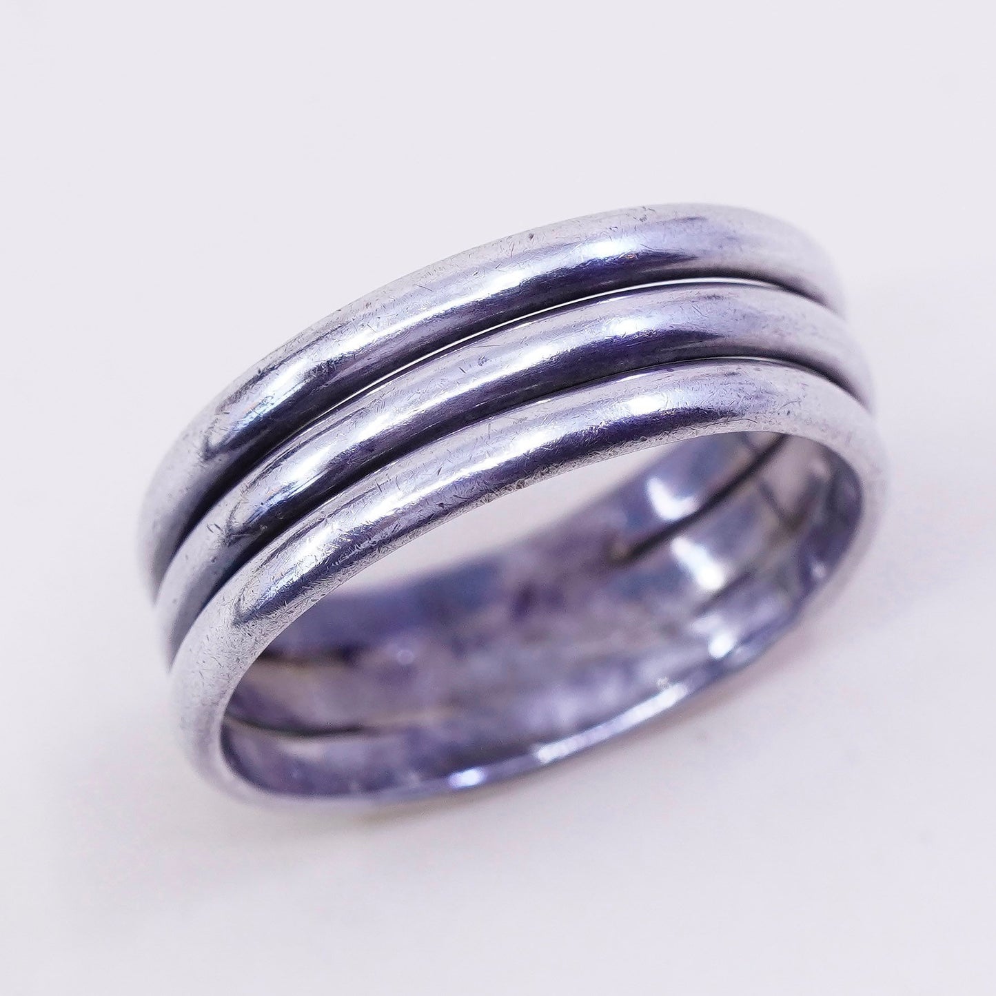 Size 9.5, vtg sterling silver handmade ribbed ring, 925 wide band, minimalist