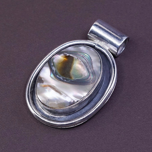 vtg Sterling silver handmade pendant, Mexico 925 w/ oval abalone pendant