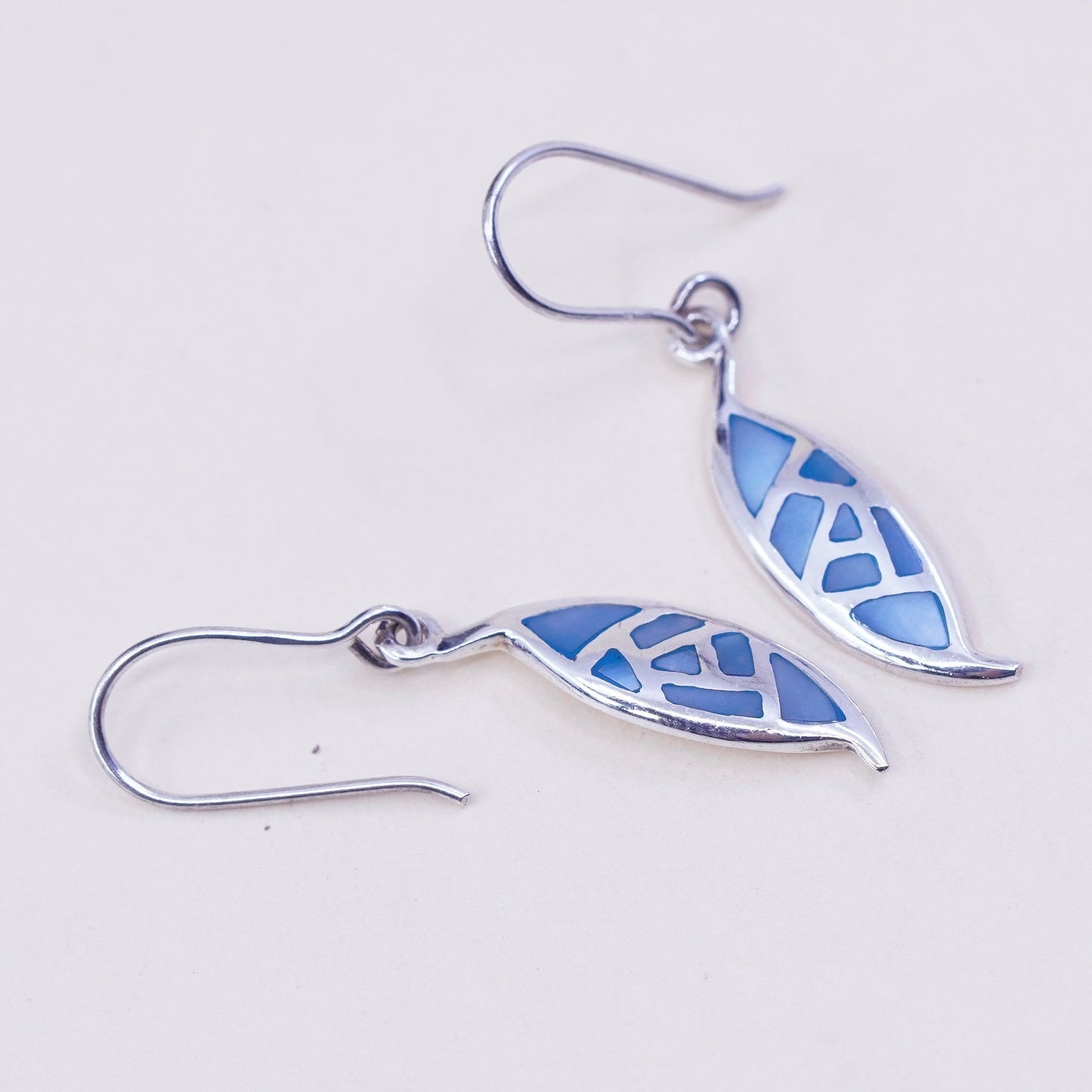 Vintage sterling 925 silver handmade earrings with blue mother of pearl drop, stamped 925