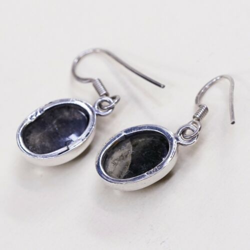 Vtg Sterling Silver Handmade Earrings, 925 Dangles W/ Oval Quartz, Stamped 925