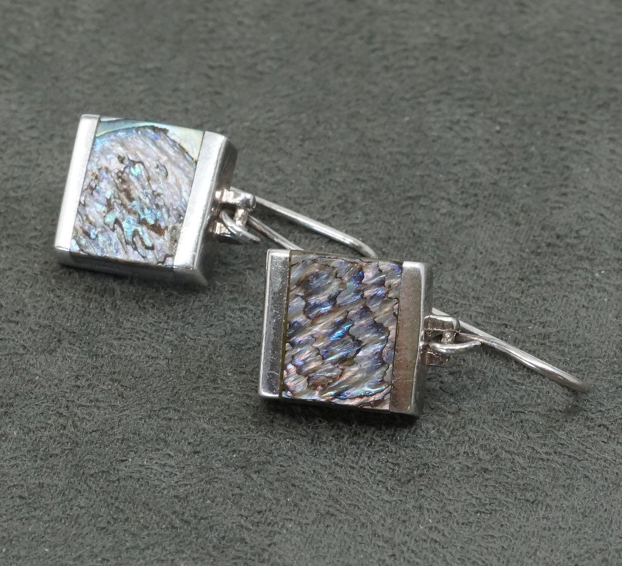 vtg Sterling silver handmade earrings, 925 w/ square abalone