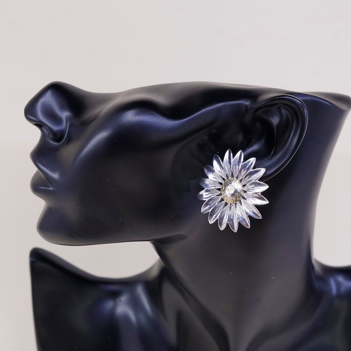vtg mexico sterling 925 silver handmade earrings, clip on w/ flower sunflower