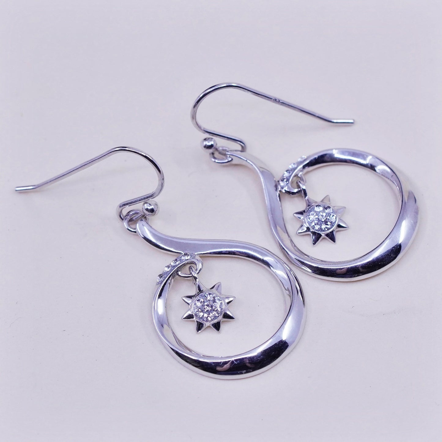 Vintage sterling silver handmade earrings, 925 snowflake drops with cz inlay