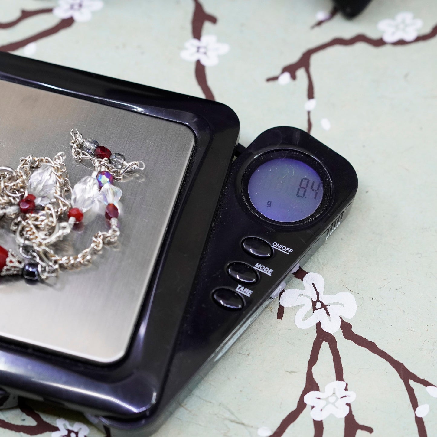 18”, sterling silver necklace, 925 figaro chain red teardrop glass pendant