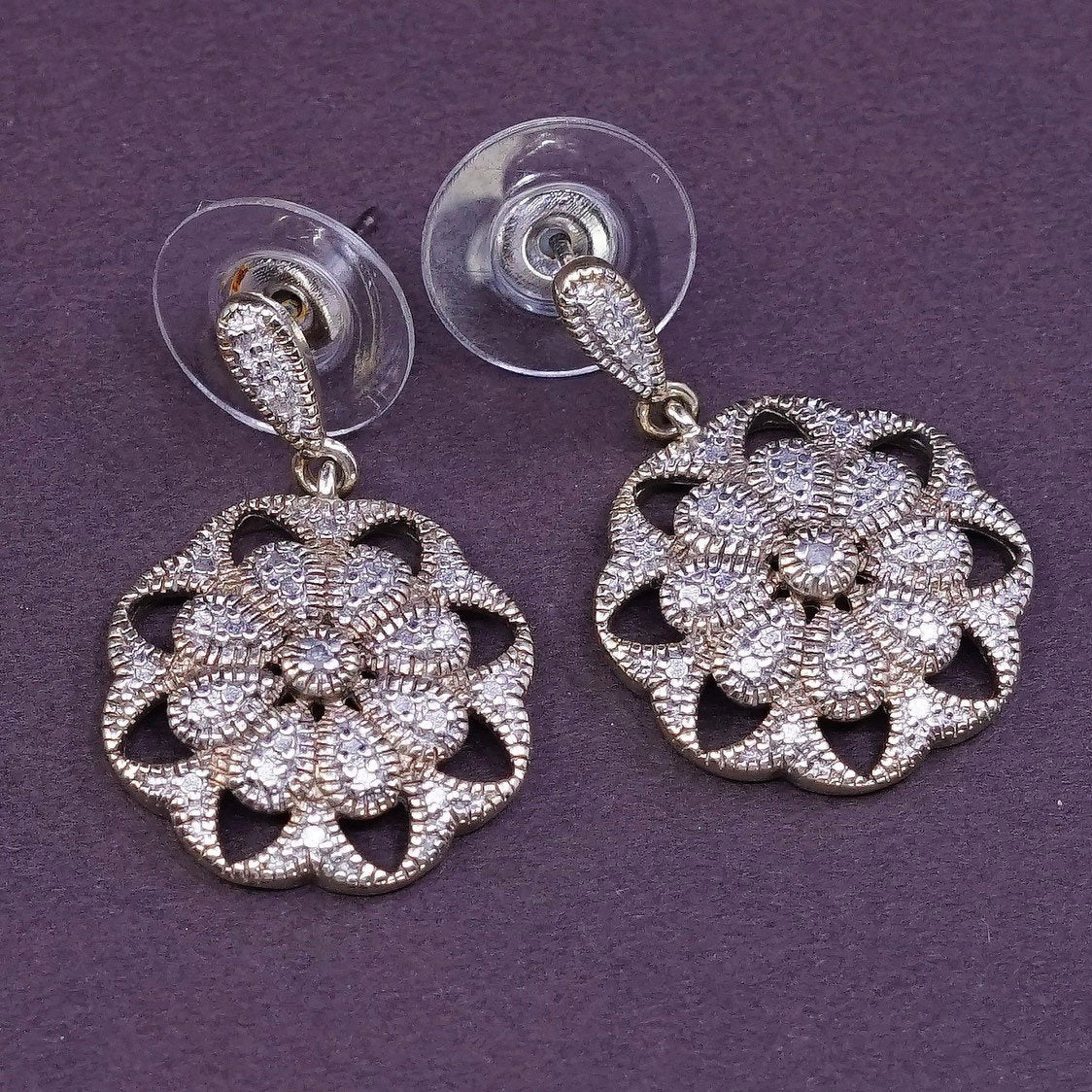 VTG vermeil gold over Sterling silver earrings, 925 flower with Diamond