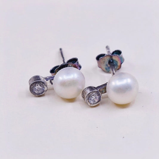 vtg Sterling silver handmade earrings, 925 studs w/ pearl n crystal