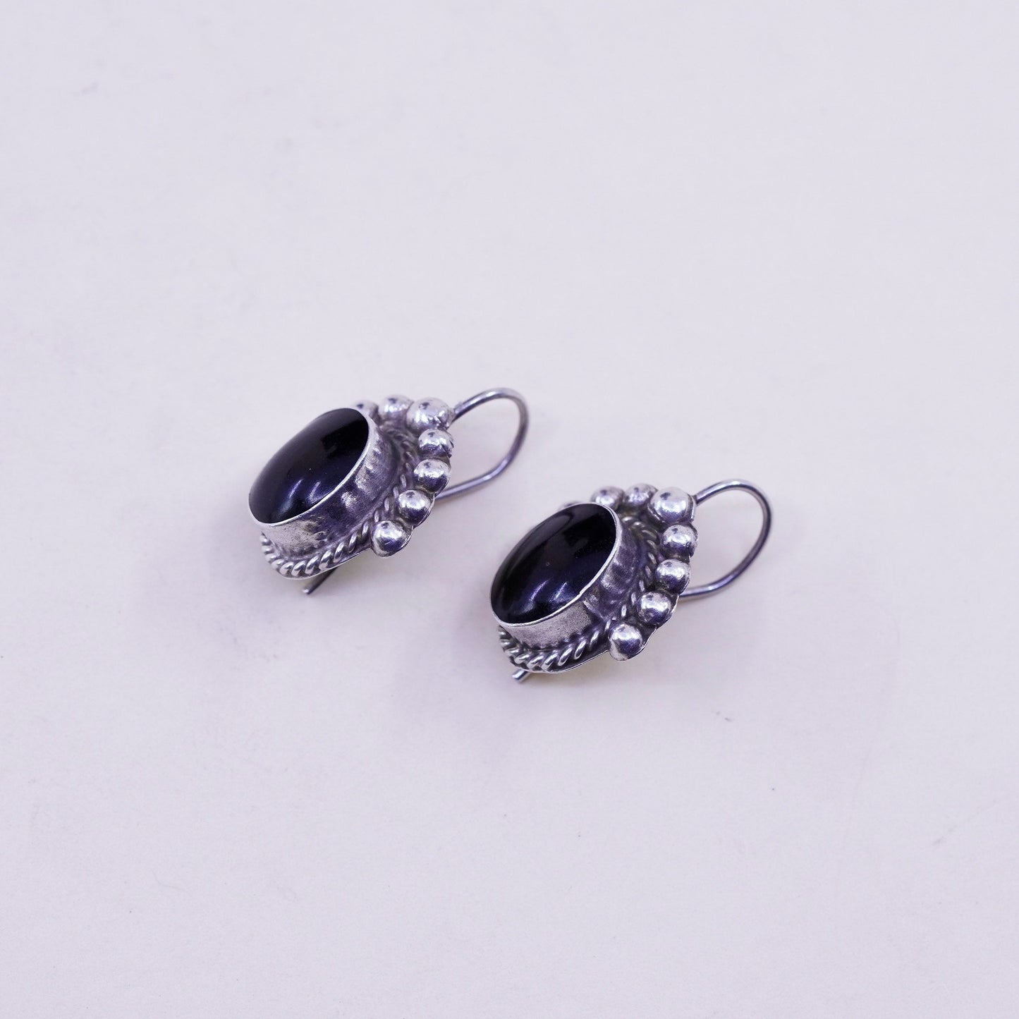 Vintage Sterling 925 silver handmade earrings with oval obsidian drops