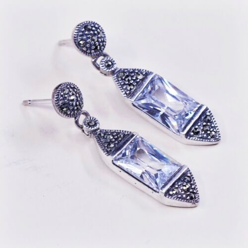 VTG sterling 925 silver handmade earrings Dangles W/ CZ N marcasite