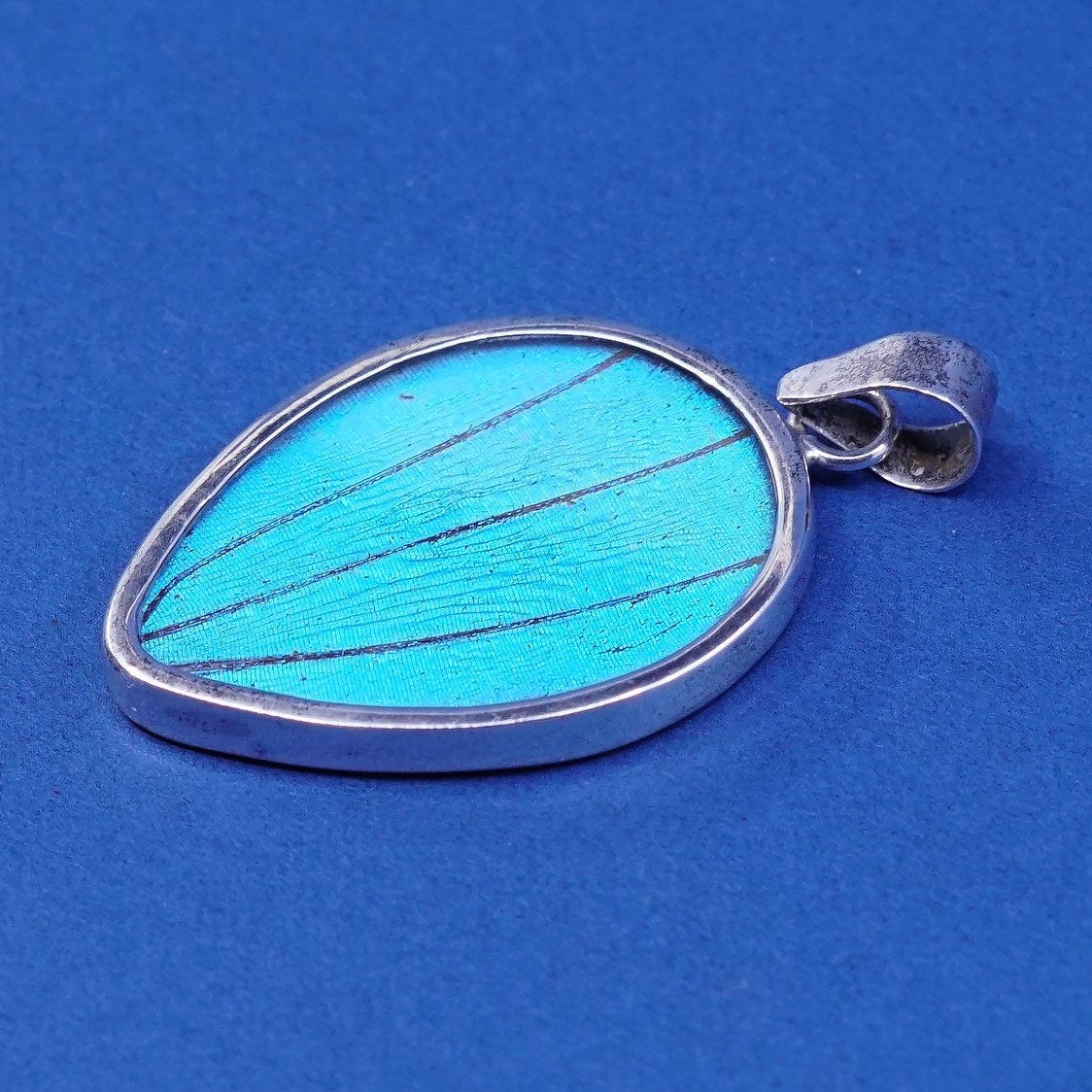 vtg Sterling silver handmade pendant, 925 w/ resin blue butterfly wing