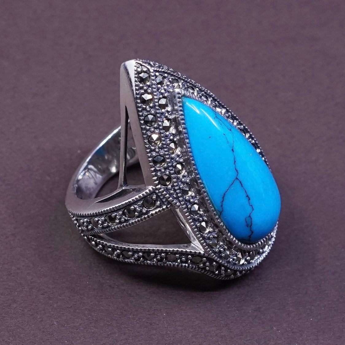 sz 7.25, Sterling silver handmade ring, 925 w/ teardrop turquoise and marcasite
