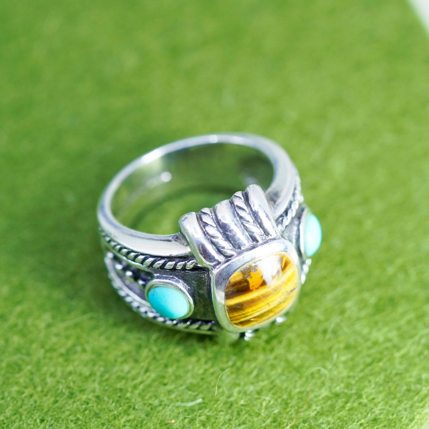 Size 7, sterling silver ring, band with golden tiger eye and turquoise beads
