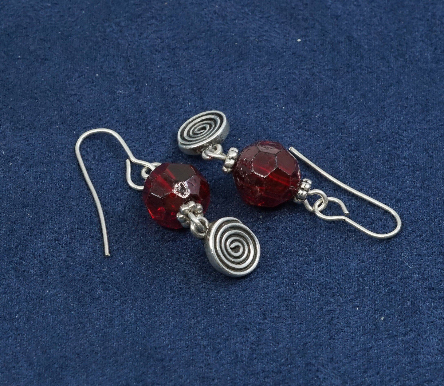 vtg Sterling Silver handmade Earrings w/ red glass beads, 925 swirl dangles