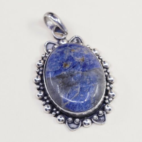 Vtg Sterling Silver Handmade Filigree Bali Pendant W/ Oval Sodalite, Stamped 925