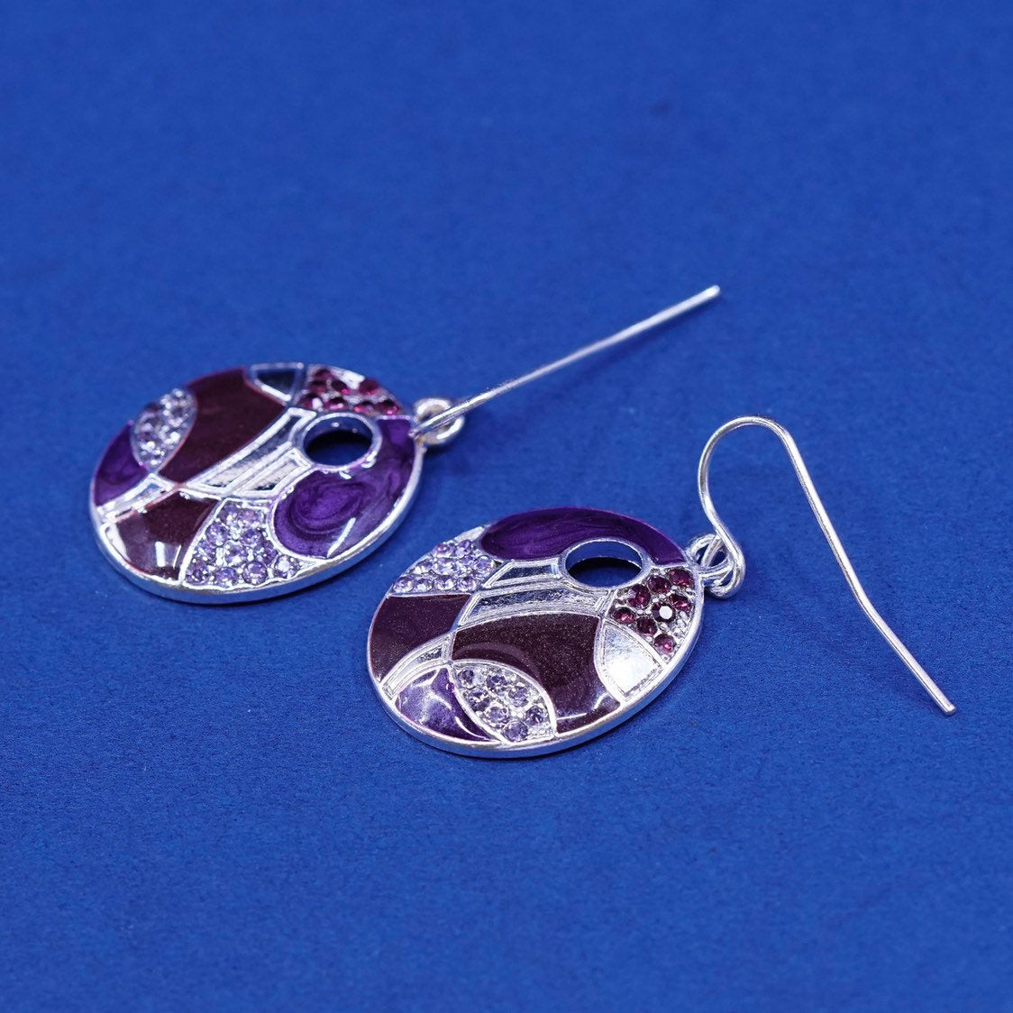 vtg Sterling silver handmade earrings, 925 w/ purple enamel N crystal