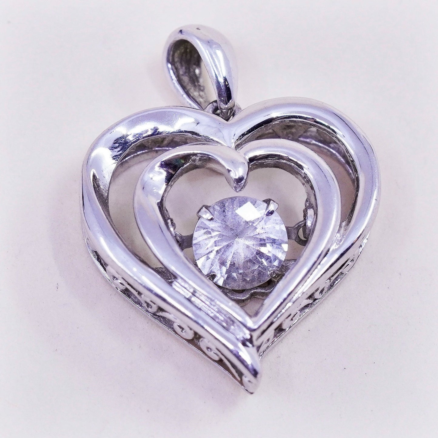 Vintage sterling 925 silver heart pendant with clear Cz