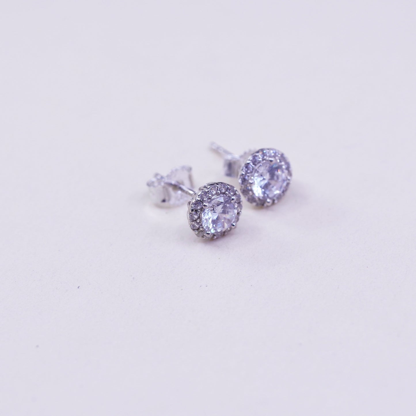 Vintage sterling silver earrings, 925 studs with cluster round cz