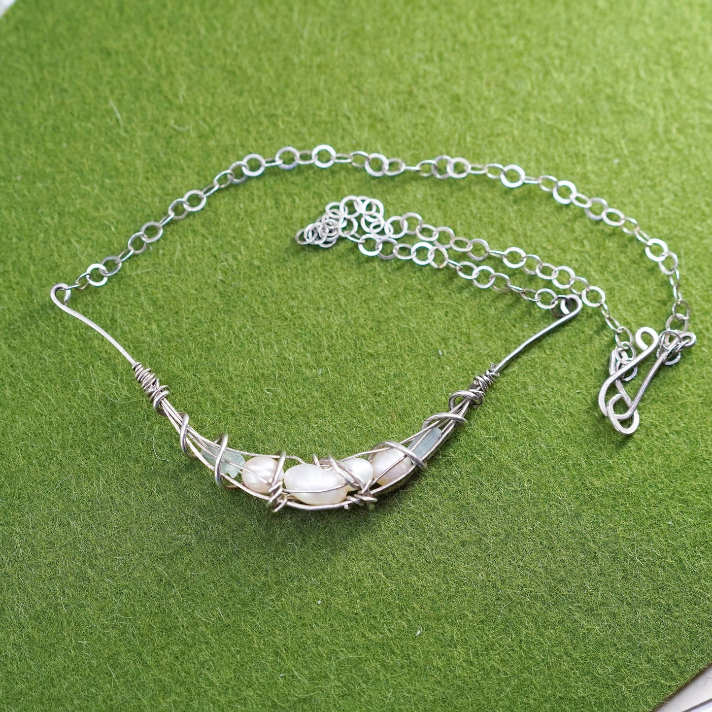 16”, sterling silver handmade necklace, flatten circle chain with pearl pendant