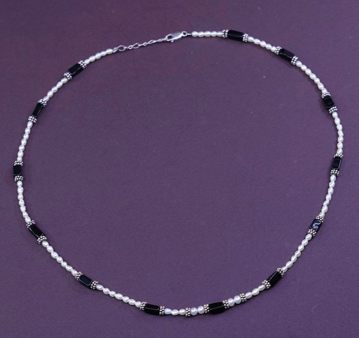 21+1, freshwater pearl N obsidian beads necklace, 925 sterling silver clasp