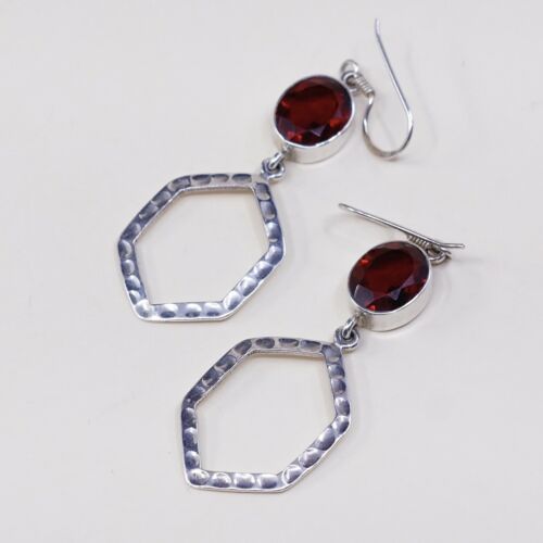 Vtg Sterling Silver Handmade Earrings, 925 Modern Hammered Dangles W/ Ruby