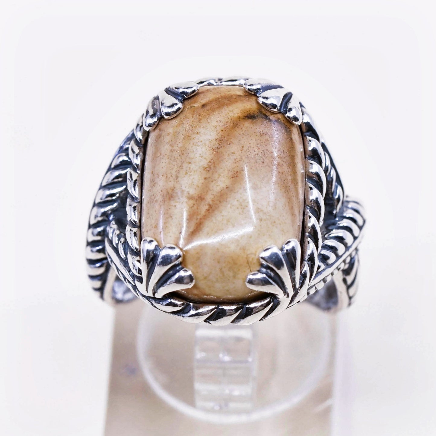 sz 8.5, vtg relios carolyn pollack sterling 925 silver ring w/ agate N cable