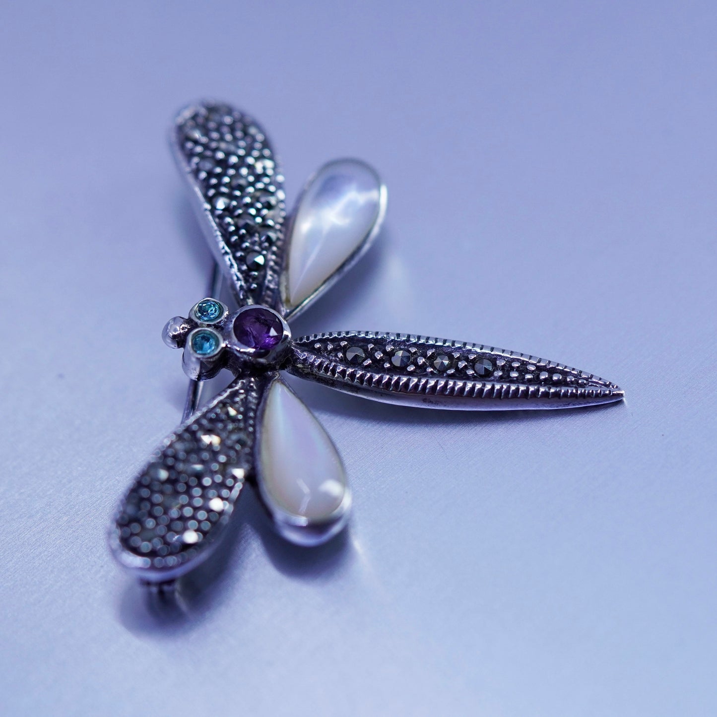 sterling silver handmade brooch, 925 dragonfly pin amethyst moonstone Marcasite