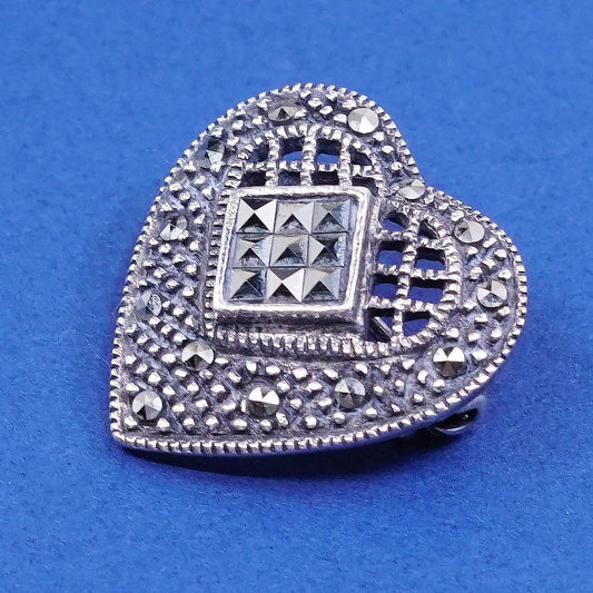 vtg sterling silver handmade brooch, oxidized 925 heart pin marcasite