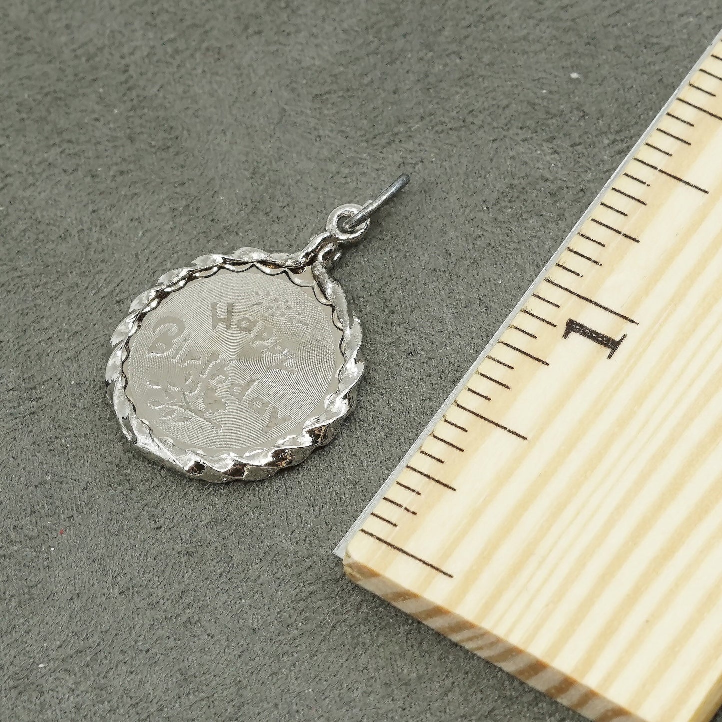 vtg Sterling silver handmade charm, 925 pendant engraved "happy birthday"