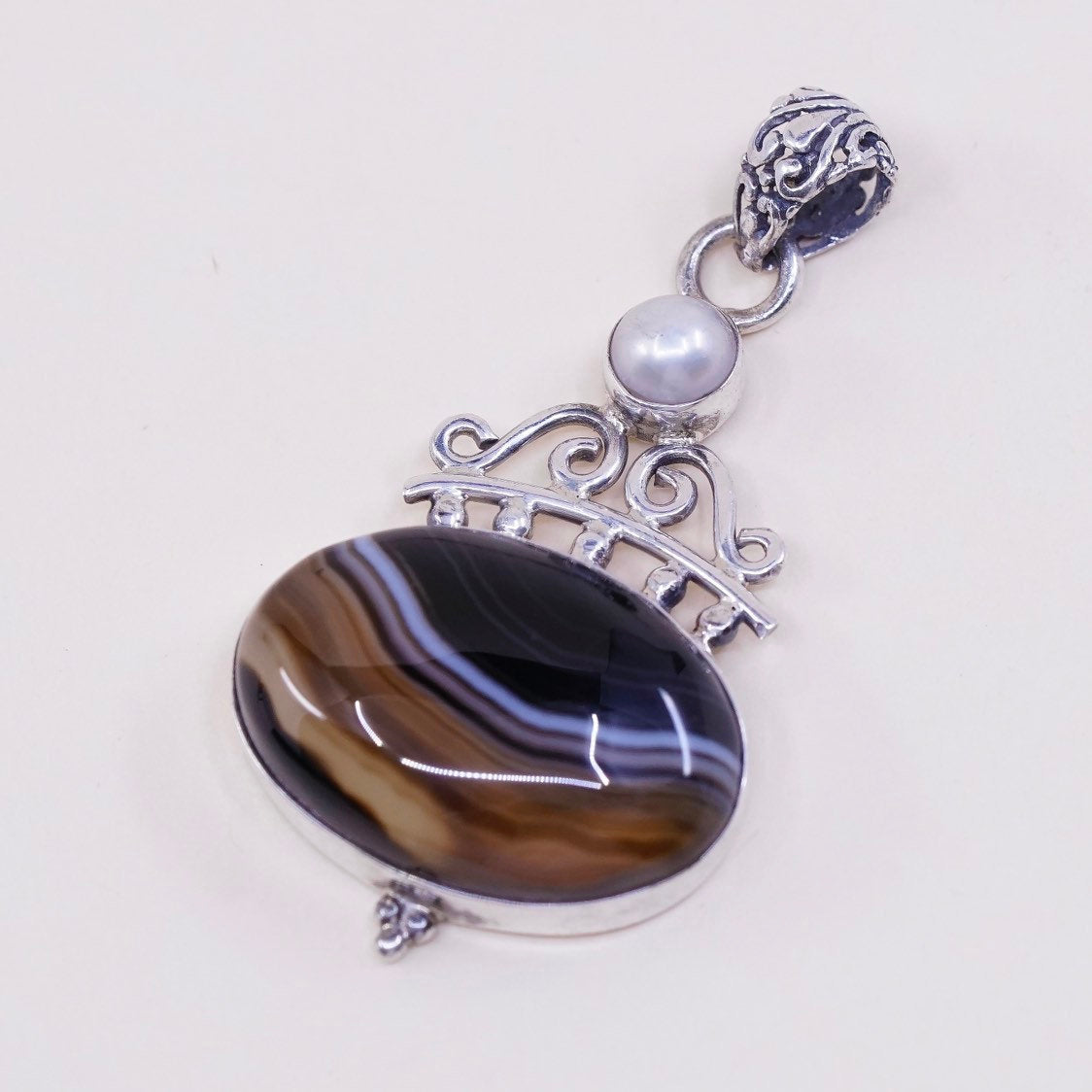 vtg sterling silver handmade pendant, solid 925 with agate and pearl