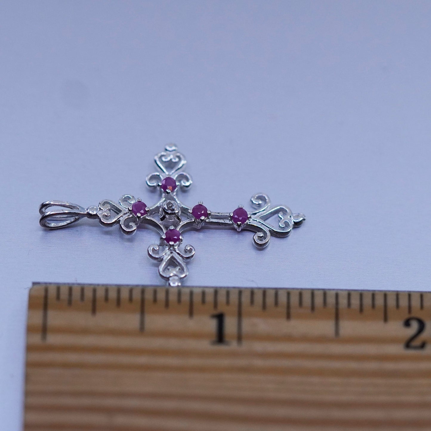 Vintage sterling 925 silver cross pendant with ruby and diamond