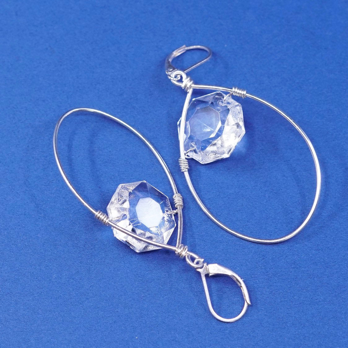 vtg sterling Silver earrings, 925 teardrop drops with Crystal, Stamped 925