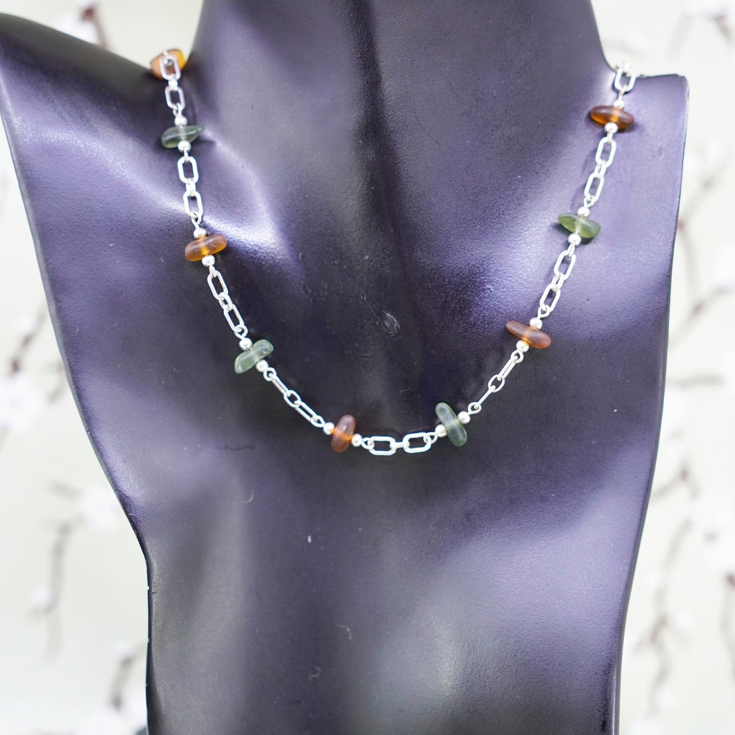 16”, Vintage sterling silver handmade necklace with sea washed glass beads