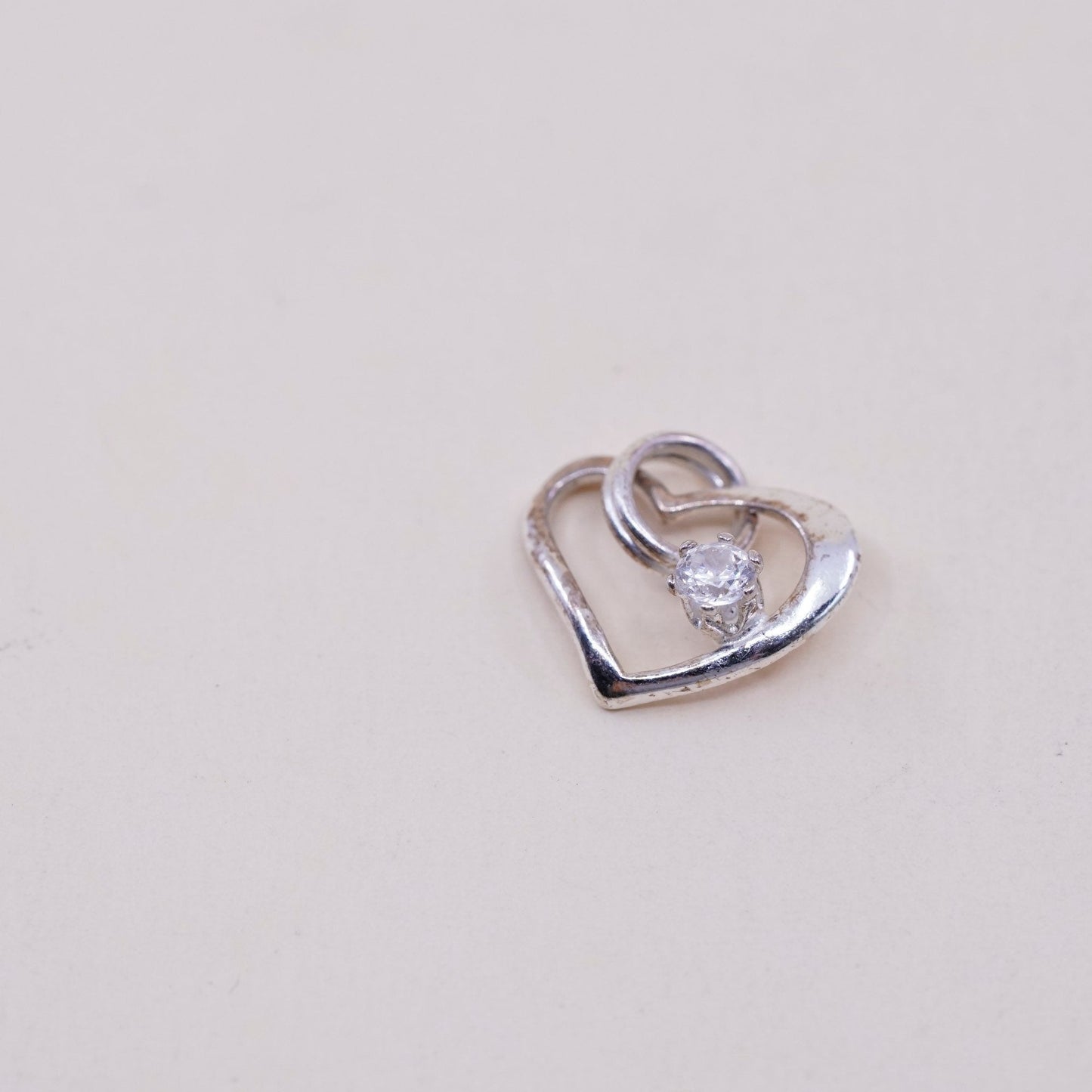 Vintage sterling silver heart shaped charm, 925 pendant with Cz