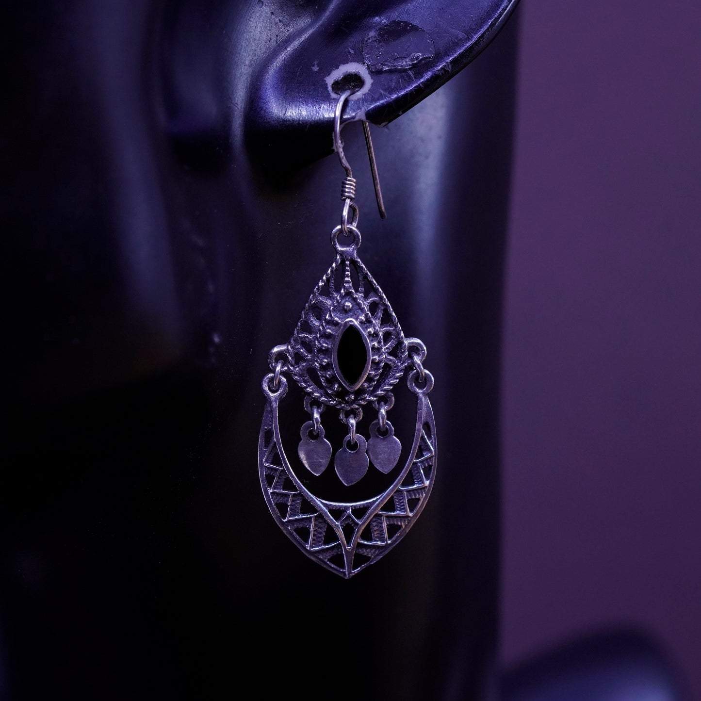 Vintage Sterling 925 silver handmade filigree earrings with obsidian