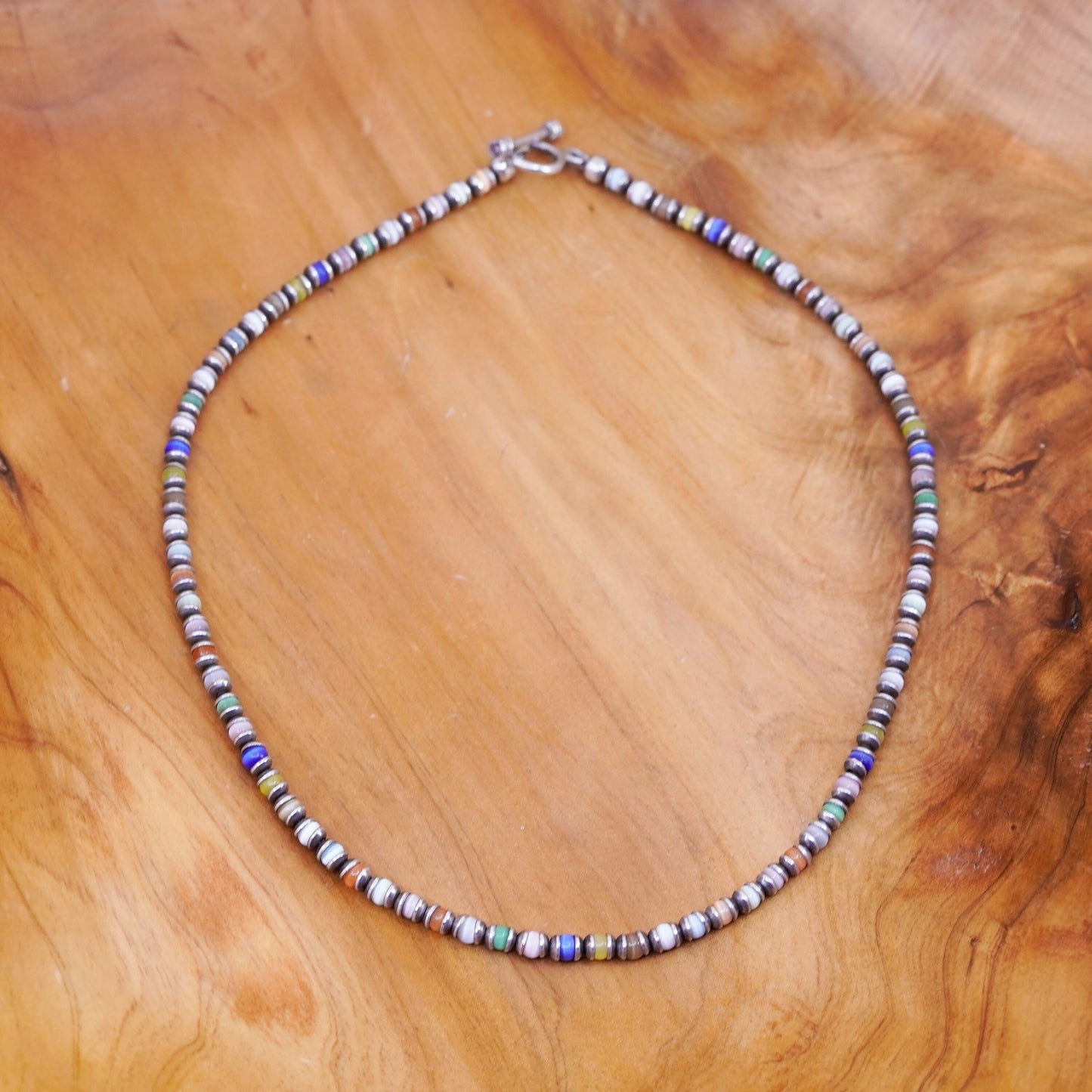 18”, sterling silver handmade necklace, 925 heishi chain with cats eye beads