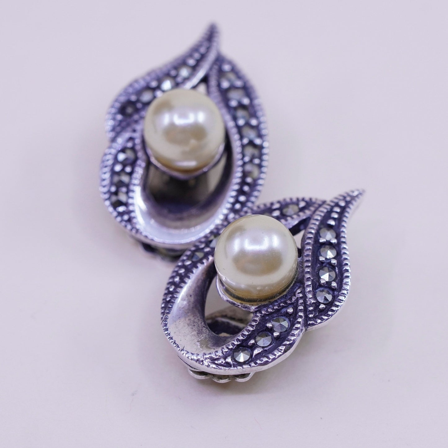 Sterling 925 silver handmade filigree clip on earrings with pearl and Marcasite