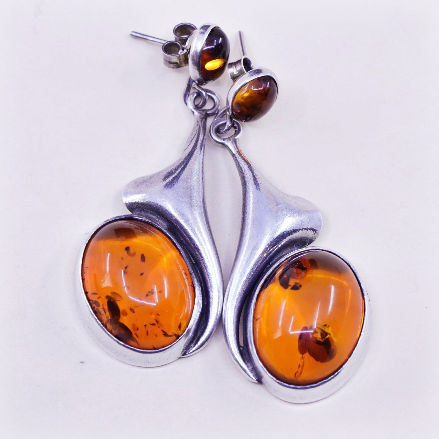 Vintage Sterling silver handmade earrings, 925 teardrop dangles with amber