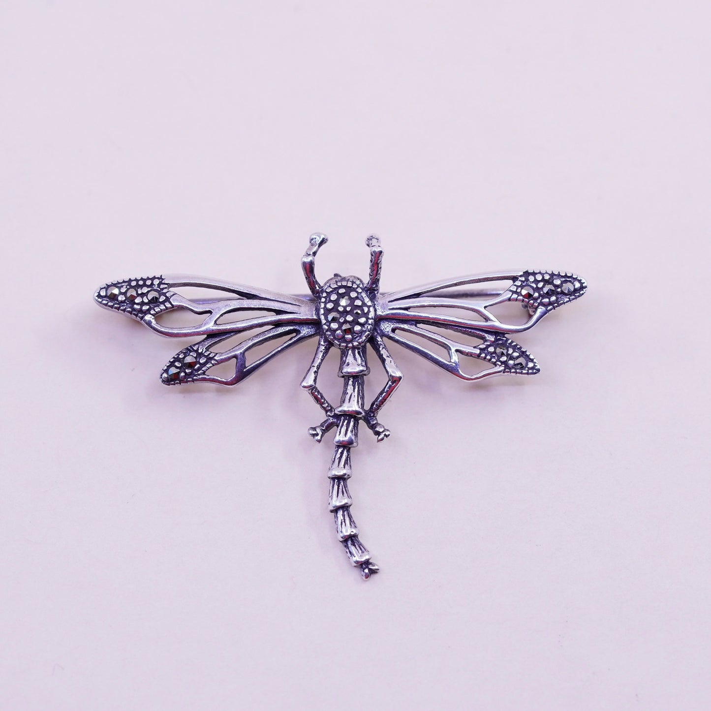 Vintage Sterling silver handmade brooch, 925 dragonfly pin with marcasite