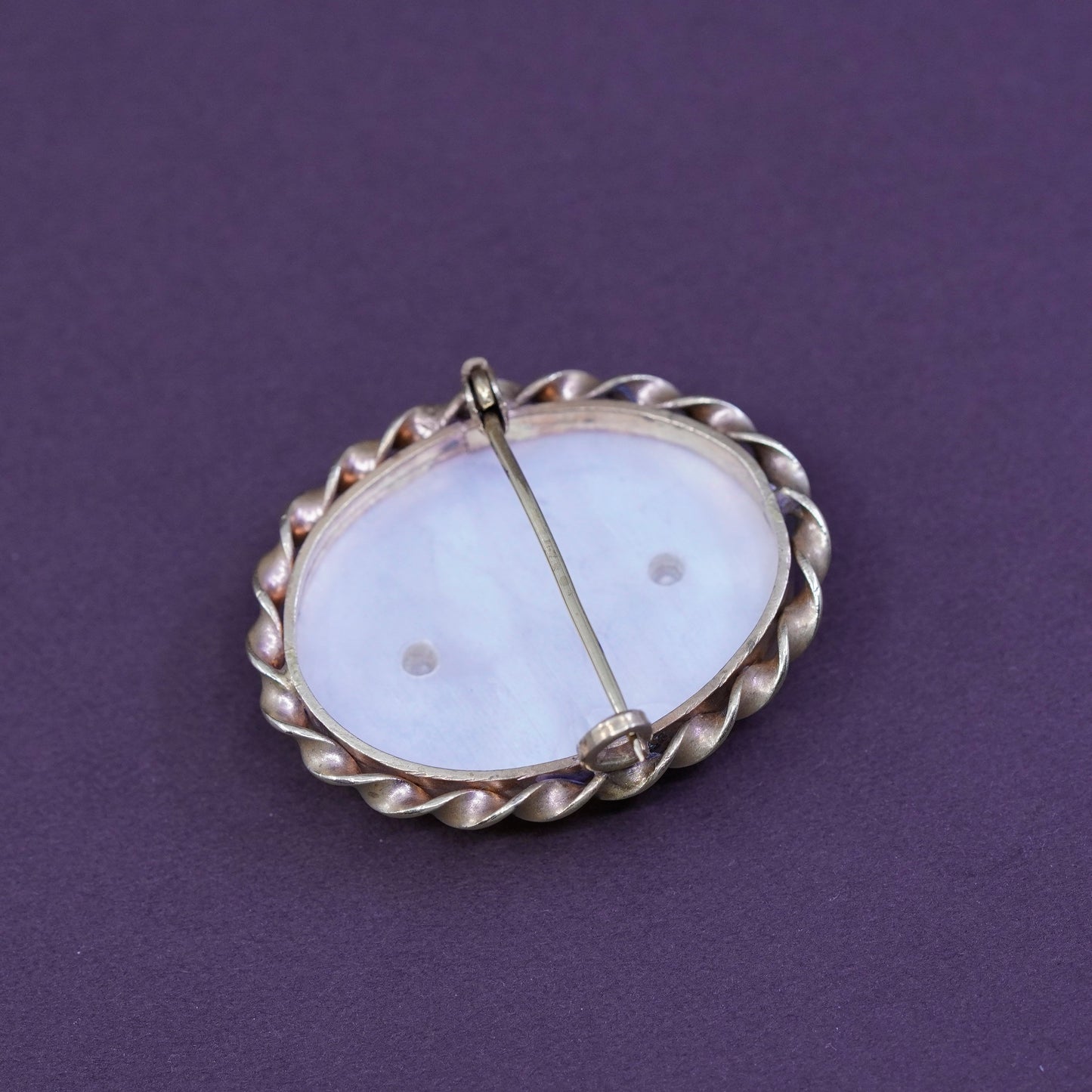 Vintage handmade brass gold tone brooch pin with mother of pearl inlay