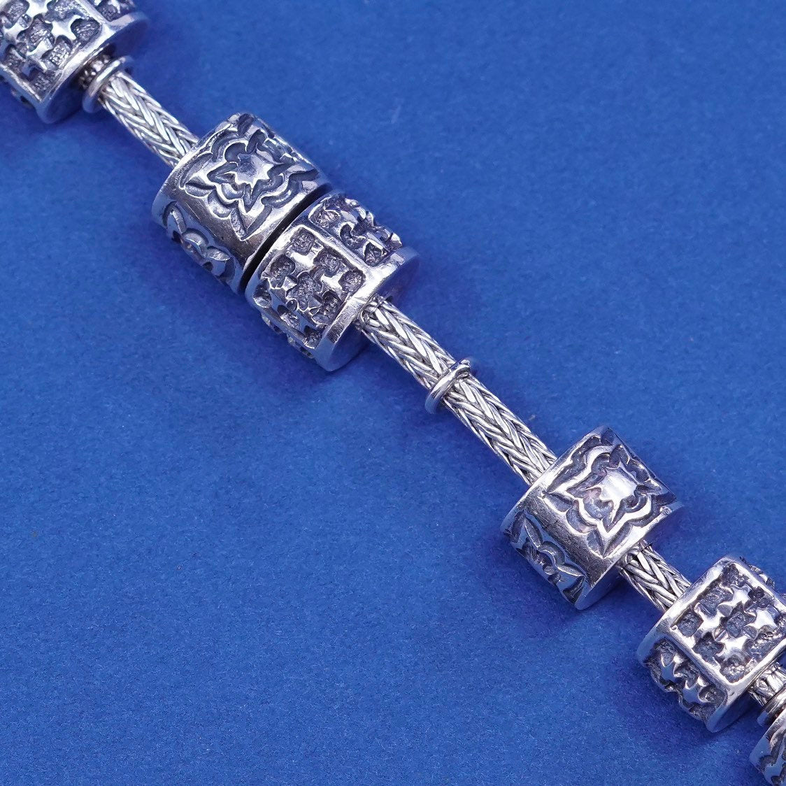 6.25, 4mm Sterling silver handmade bracelet 925 wheat chain w/ 10 charm N cross