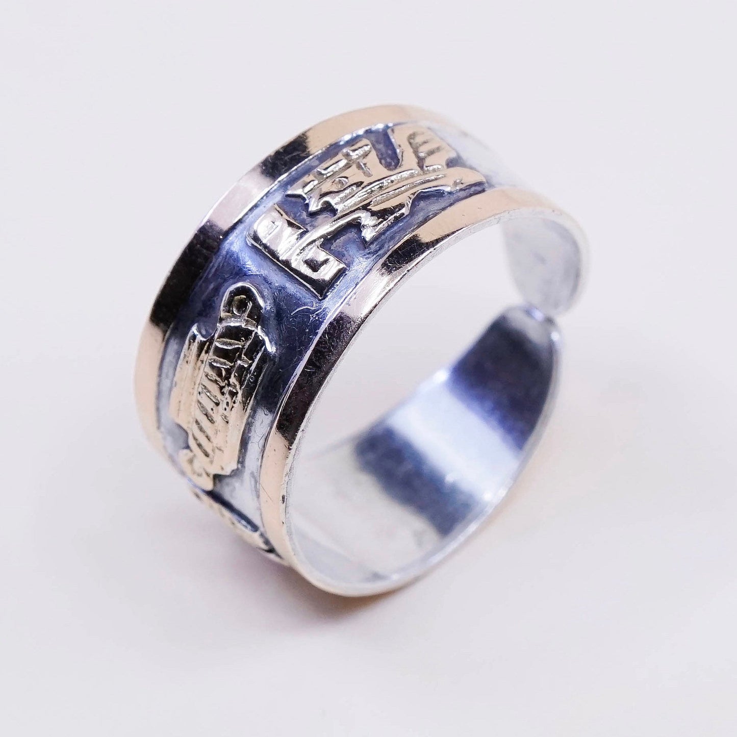 sz 7.75, vtg mexico 14K w/ sterling 925 silver handmade storyteller ring band